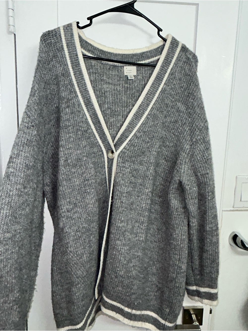 Cozy Grey V-Neck Cardigan Sweater with Ivory Trim